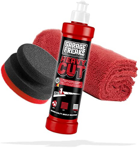 Garage Freaks Kit de polissage manuel - Étape 1: Polish abrasif Heavy Cut 250ml - Élimine les rayures et les traces d'usure + Éponge de polissage manuel + Chiffon de polissage en microfibres