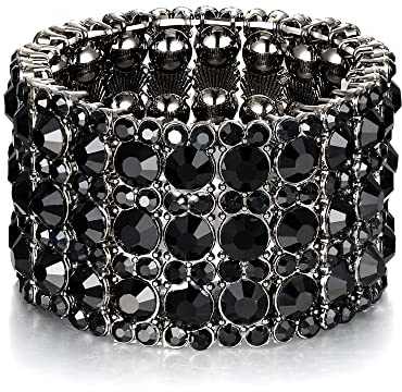EVER FAITH Pulsera Brazalete Elástico Mujer Cristal Austríaco Boda Elegante 3 Vuelta Negro Tono