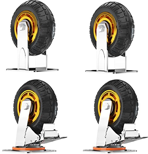 WORDFUN Pack of 4 Swivel Heavy Duty Wheel, Fixed Industrial Caster, Rubber Caster Wheel with Brake, with Swiveling Top Plate with Ball Bearings, for Trolley Garden Utility Wagon