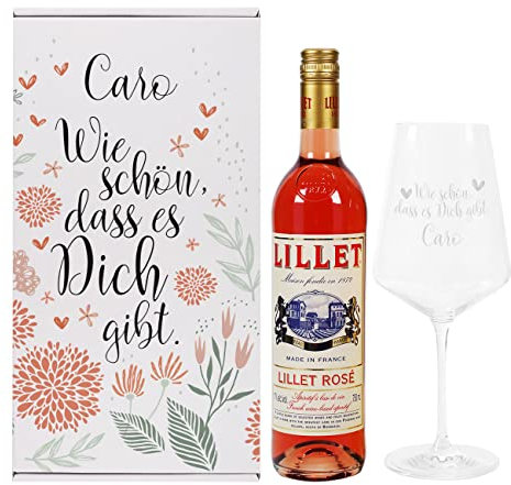 Herz & Heim® Geschenkset Wie schön dass es Dich gibt mit Geschenkbox, Weinglas und 1 Flasche Lillet/personalisiert Rosé