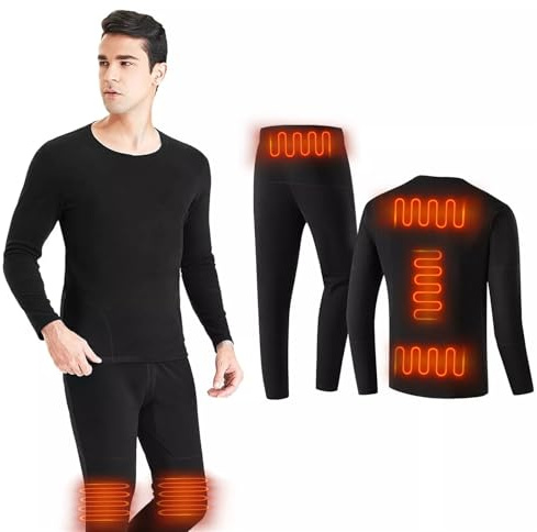 Pucklky Ski Underwear Thermal Underwear Heated Functional Set USB Warm Heating with 6 Heated Zones for Motorcycle Riding,3XL,Black