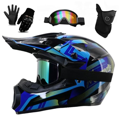 Youth Adult Electric Dirt Bike Full Face Motorbike Helmet Set for Boys Girls Quad Bikes BMX MTB ATV Offroad Helmet with Goggles Gloves Mask DOT Approved(226 blue stripes,S(52-55CM))
