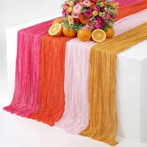 Moukeren 4 Pack Pink and Orange Cheesecloth Table Runner Sunset Party Decorations 10 ft Rustic Orange Gauze Cloth Boho Sheer Table Cloth for Wedding Bridal Baby Shower Decoration