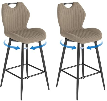 WAFTING 360° Drehbar Barhocker 2er Set, 75cm Sitzhöhe, Atmungsaktiver Barstuhl mit Griff, aus Stoff, Gepolstert, mit Lehne & Fußstütze, für Küche, Theke, Esszimmer, Braun
