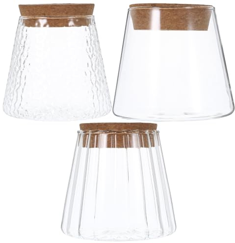 JUMPLAWN 3pcs Hydroponic Vase Glass Jars Set with Smooth, Hammered Vertical Texture Cork Stoppers for Plant Propagation Desktop Terrarium Containers Home Office Decor