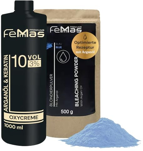 FemMas Blondier-Set: Blondierpulver mit Arganöl 500g & Entwickler 3 Prozent 1L I Perfektes Starterset für die Aufhellung zuhause I Für eine Blondierung um bis zu 7 Tonstufen in Salon-Qualität