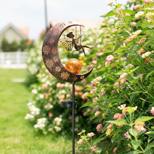 TERESA'S COLLECTIONS Decoration Jardin Exterieur, Lampe Solaire Exterieur Jardin, Large Lumière en Forme de Lune et Fée, Solaire LED pour Pelouse,Balcon