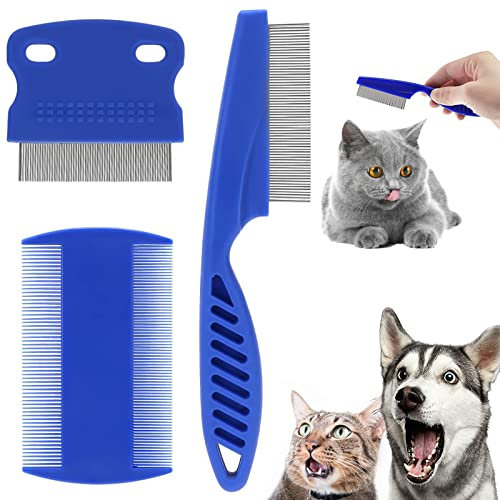 Hundkatter lösskam, 3 stycken vårdskamm husdjur, loppor, tårfläcksborttagare, kam, rostfritt stål, metallkammar för effektiv mot loppor och löss, hundar, katter, skötselverktyg (blå)