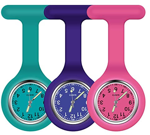 Vicloon Krankenschwester Uhren,3 Pcs Schwesternuhren mit Clip, Dehnbare Silikon Hülle, um Bruch zu Verhindern, Glow Pointer, Quarzwerk, Ansteckuhr für Krankenschwestern und Ärzte