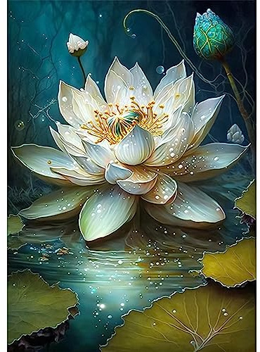 QENSPE 5D Diamond Painting Weißer Lotus Diamond Art Erwachsene, Full Diamant Painting Lotus Bilder, DIY Diamant Kunst Malerei Stickerei Kreuzstich Set Home Wand Dekor 30x40cm