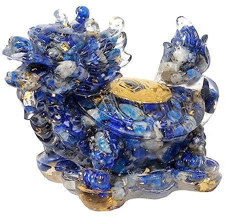 KYEYGWO Lapislazuli Kristall Drachen-Schildkröte Figur Deko, Harz Chinesischer Drache Stein Statue Reichtum Goldmünze Skulptur Feng Shui Wohlstand Ornament Glück Sammlerfigur für Haus Büro
