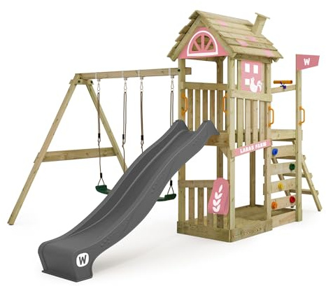 WICKEY FarmFlyer Play Tower Climbing Frame with Swing & Slide, Outdoor Children's Climbing Tower with Sandpit, Ladder & Play Accessories for the Garden - pink pastel