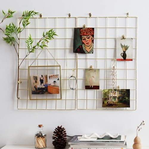 MOIUCUN Rejilla de pared, decoración de pared de fotos, escritorio, pizarras de notas para cocina, salón, dormitorio, tamaño 44 cm x 30 cm, juego de 2 unidades (dorado)