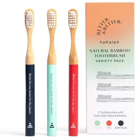 Better & Better Natural Bamboo Toothbrush for Kids | Extra Soft Bristle Toothbrush | 100% Plant-Based | Reusable Handle, Replaceable Brush Head | Eco-Friendly, Zero Plastic (Variety Pack of 3)