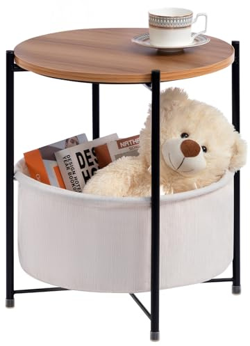 HollyHOME Beistelltisch mit Korb Rund Beistelltisch Holz Wohnzimmer Couchtisch Klein Runder Nachttisch Schlafzimmer Sofatisch, Beige