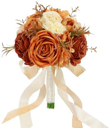 SEMONONIA Wedding Bouquets for Bride Bridesmaid 8.5 Inch Burnt Orange Artificial Roses Fall Flowers Bridal Bouquets for Bride Autumn Wedding Marriage Proposal Party Thanksgiving Church Decoration