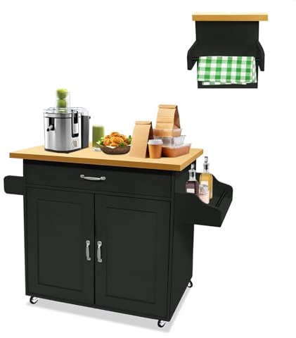 LZQ Chariot de cuisine avec plan de travail Mobilier de cuisine mobile Îlot de cuisine Roulable, chariot de cuisine, chariot de service 115x36x90cm Noir