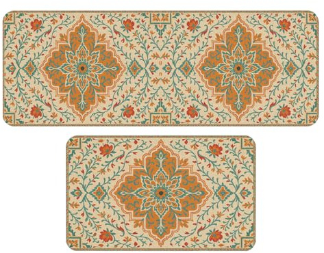 XUYINGA 2 Piece Mandala Kitchen Decor Rugs Set, Vintage Persian Floral Orange Teal Kitchen Rugs and Mats Non Skid Washable Microfiber Runner Rugs Accessories Decoration Floor Mats 17x47+17x30