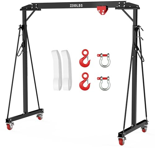 Adjustable Gantry Crane with Manual Trolley, Hook and Sling Strap, 1 Ton 2200 LBS Capacity, Portable Gantry Crane Height Adjustable 97 to 141 with 12 Positions, for Factories, Warehouses, Constructi