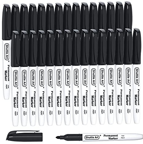 Shuttle Art Permanent Marker fein, 30 Permanent Marker schwarz mit feiner Spitze, wasserfeste Stifte, Folienstift permanent, Filzstifte, für Kunststoff, Stein, Glas zum Bemalen und Markieren geeignet