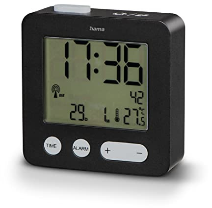 Hama Réveil Radio-piloté avec Batterie (réveil avec Horloge Radio-pilotée numérique, Silencieux, Petit, Radio-piloté avec éclairage, Alarme de Vitesse, Snooze, température, Date, 6,5 x 2,1 x 6,5 cm,