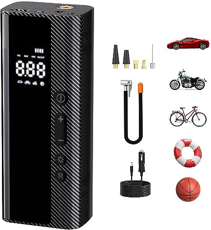 U-VKK Portable Tyre Inflator Air Compressor, 5200mAh Rechargeable Electric Bike Pump 150 PSI Auto-Off with Pressure Gauge Memory, Cordless Tyre Inflator for Car, Motorbikes, Balls, and Bikes