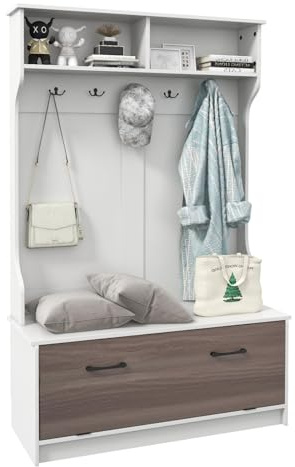 GOPLUS Guardarropa Perchero con Taburete de Almacenamiento, 100 x 40 x 160 cm, Armario Multifuncional con 5 Ganchos Dobles Perchero Independiente para Entrada Dormitorio (Blanco)