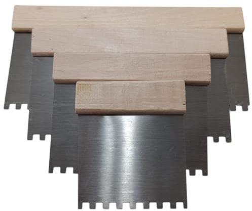 4 Stück Zahnspachtel Set 4/6/8/10 Zoll für Leim Bauarbeiten Verkleidungen und Keramik, Metall mit Holzgriff Zahnspachtel - Spachtel Set - Spachtel mit Stahlklinge