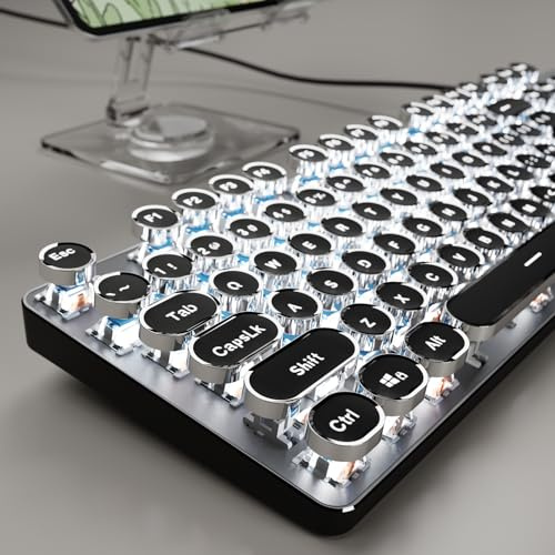 EWEADN TK100 Typewriter Style Wired Mechanical Keyboard, Retro Gaming Keyboard with White Backlit, Blue Switch, 104-Key Anti-Ghosting, Punk Round Keycaps Computer Keyboards for Windows Desktop, Black