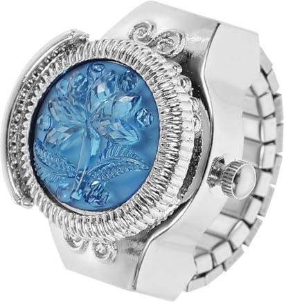 Holibanna Dekorative Fingeruhr Damenuhr Ringuhr aus Zinklegierung Blauer Schmuckuhr mit Rosendesign für Freizeit