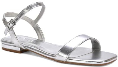 ESSEX GLAM Women's Flat Strappy Sandals Ladies Ankle Strap Open Toe Buckle Silver Metallic Synthetic Leather Shoes Size 6