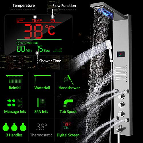 GYEQXKT LED Shower Panel Rain Waterfall Shower Temperature Screen Massage SPA Jet Three Handles Mixer Tap Sink Faucet Set-Brushed Nickel