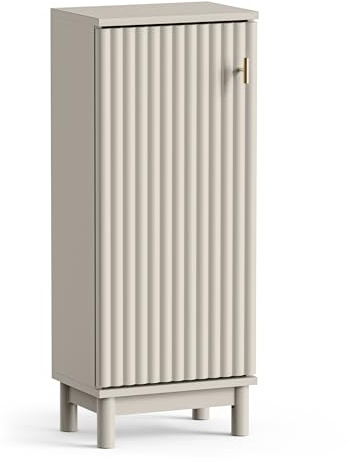 VonHaus Bathroom Storage Cabinet – Stone Slim Bathroom Cupboard with Fluted Textured Door & Gold Handle - Freestanding Floor Cabinet with 3 Internal Shelves - Victoria