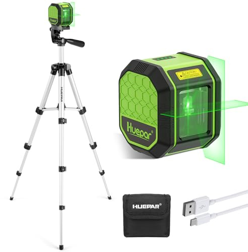 Laser Level with 100cm Tripod, HUEPAR 30m Rechargeable Self Leveling Laser Level Green Cross Line Laser Leveler Tool for Picture Hanging, Tile, Home Renovation, Li-ion Battery, Carrying Bag Included