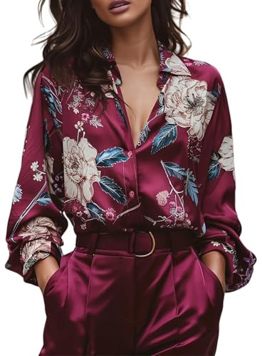 Camicie da Donna in Raso con Bottoni Maglietta in Chiffon Elegante Blusa Seta Moda Camicetta in Raso da Lavoro a Maniche Lunghe Button Down Camicia Ufficio Basic Casual Shirts Business Ampia Sciolto