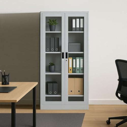 Bissolo Casa Vetrina W-F5 90×45×H180 cm – Metallo Grigio Opaco – 2 Ante in Vetro, 4 Ripiani Regolabili, Serratura di Sicurezza – Mobile Metallico Professionale – Montaggio a Kit