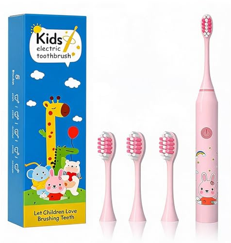 Kids Electric Toothbrush for Ages 3-12, Toddler Toothbrush with 6 Modes | 2-Min Smart Timer & IPX7 Waterproof, 4 Soft Brush Heads for Sensitive Teeth (Pink Rabbit)