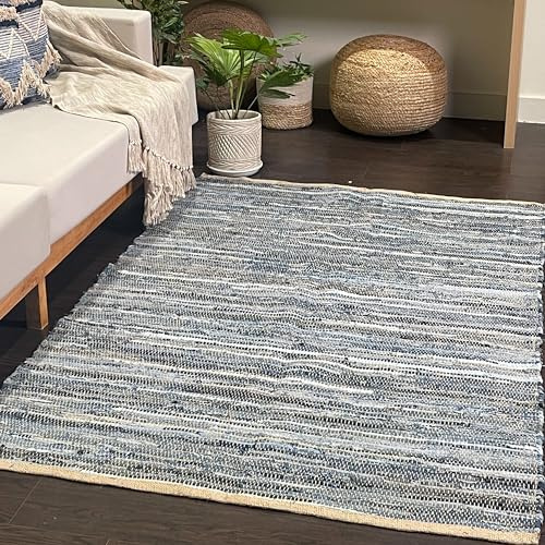 Chardin home Farmhouse Rag Rug 4x6 feet Denim Blue | Cotton & Jute Hand Woven Chindi Rug, Long Boho Rug | Perfect for Hallways, Kitchens, Bathroom, bedrooms | Shades of Blue