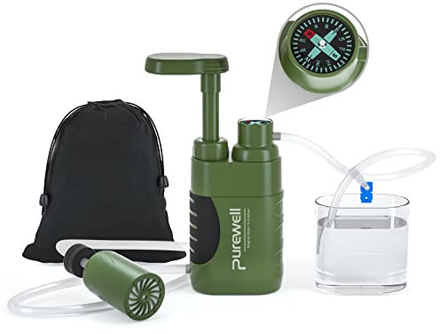 Purewell Water Hand Purifier Pump with Replaceable Carbon 0.01 Micron Water, Stages, Portable Outdoor Emergency and Survival Gear - Camping, Hiking, Backpacking(Green)