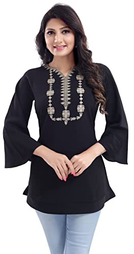 Unifiedclothes Women’s Indian Kurti Tunic Top - Ethnic Traditional Casual Party Festival Wear Indians Embroidery Casual BD438 (Numeric_14) Black