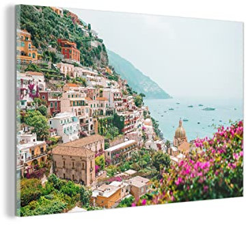 MuchoWow Glasbild Glasfoto Wandbild Bilder Deko 150x100 cm Berg - Wasser - Stadt