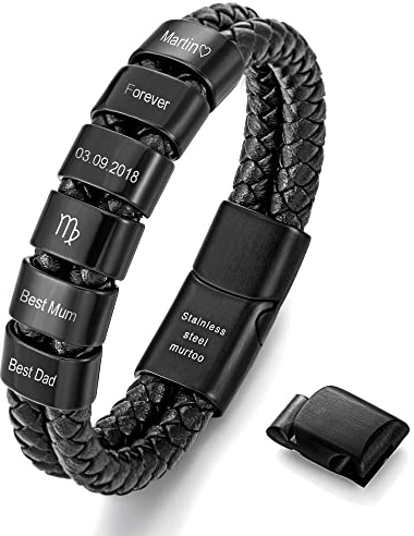 Murtoo Personalisiertes Armband für Herren - Leder in Schwarz Mit Gravur, Namen Graviert, Magnetverschluss aus Edelstahl - Geschenkidee für Männer (6 Ringe)