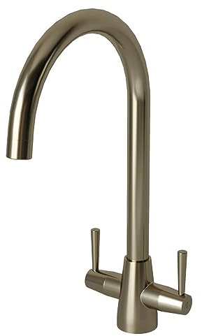Liquida LU405BS Monobloc Swan Neck Twin Lever Brushed Steel Kitchen Mixer Tap