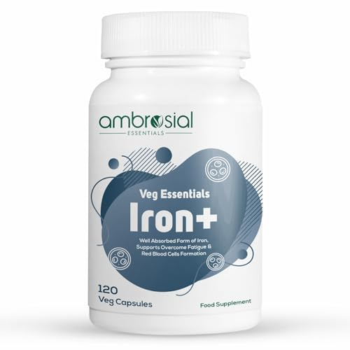 Ambrosial Iron Capsules 25mg - High Strength Supplements for Women & Men - Blood Support for Tiredness & Fatigue - Non-Constipating, Enhanced Absorption - Vegan, Gluten Free - 120 Iron Capsules