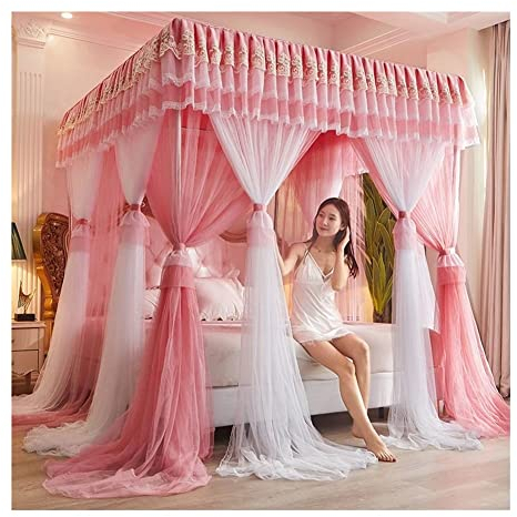 EsEntL 4 Ecken Pfosten-Himmelbett-Vorhang, Prinzessin, bestickte Spitze, Rüschen, Betthimmel, Betthimmel-Vorhang für Mädchen und Erwachsene, Doppellagiges, durchsichtiges Mesh-Moskitonetz (Farbe: B
