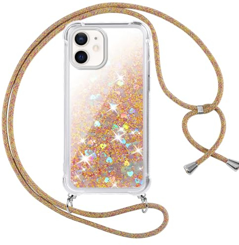 Vauki handyband für iPhone 12 Mini Hülle mit Band,Silikon Durchsichtig Transparent Flüssig Glitzer mit Kette Kordel Bumper Treibsand Necklace TPU Schutzhülle Case,Glod