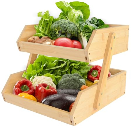 OHMG Panier à Fruit en Bambou,3 Étagespanier de Fruits,Corbeille à Fruits à 3 Étages,Support pour Le Rangement Des Légumes,Panier Legumes Rangement (2 Niveaux(Bambou), 25*30*26.5cm)