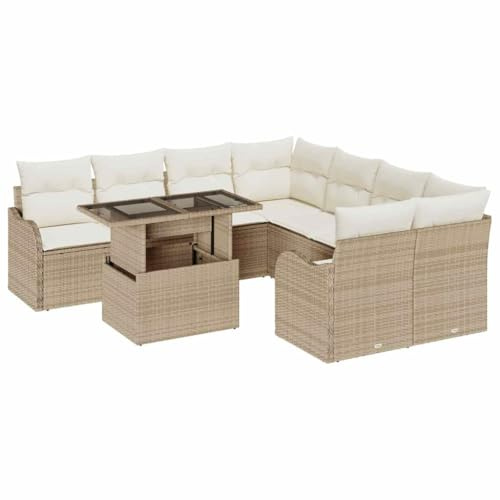 vidaXL Trädgårdsoffset med kudde 9 pcs Beige Poly rattan, Trädgård och terrass, modern rattan-soffa, vädertålig sittgrupp, modulär utomhuslounge, rektangulärt matbord