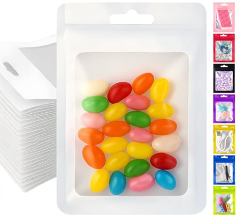 Plaphy 100 Bolsas Zip Herméticas con Ventana y Ranura para Colgar, Bolsas Mylar con Cierre Resellable, Bolsas Autocierre para Empaque y Almacenamiento de Alimentos (Blanco, 10,5 x 15 cm)