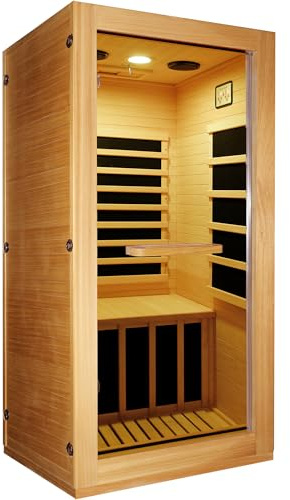 OTXIINXIIN 1-Person Infrared Sauna Room for Home Use, 900W Indoor Sauna Cabin with 5 Heating Panels, Solid Wood Construction, LED Light, Compact Single Sauna